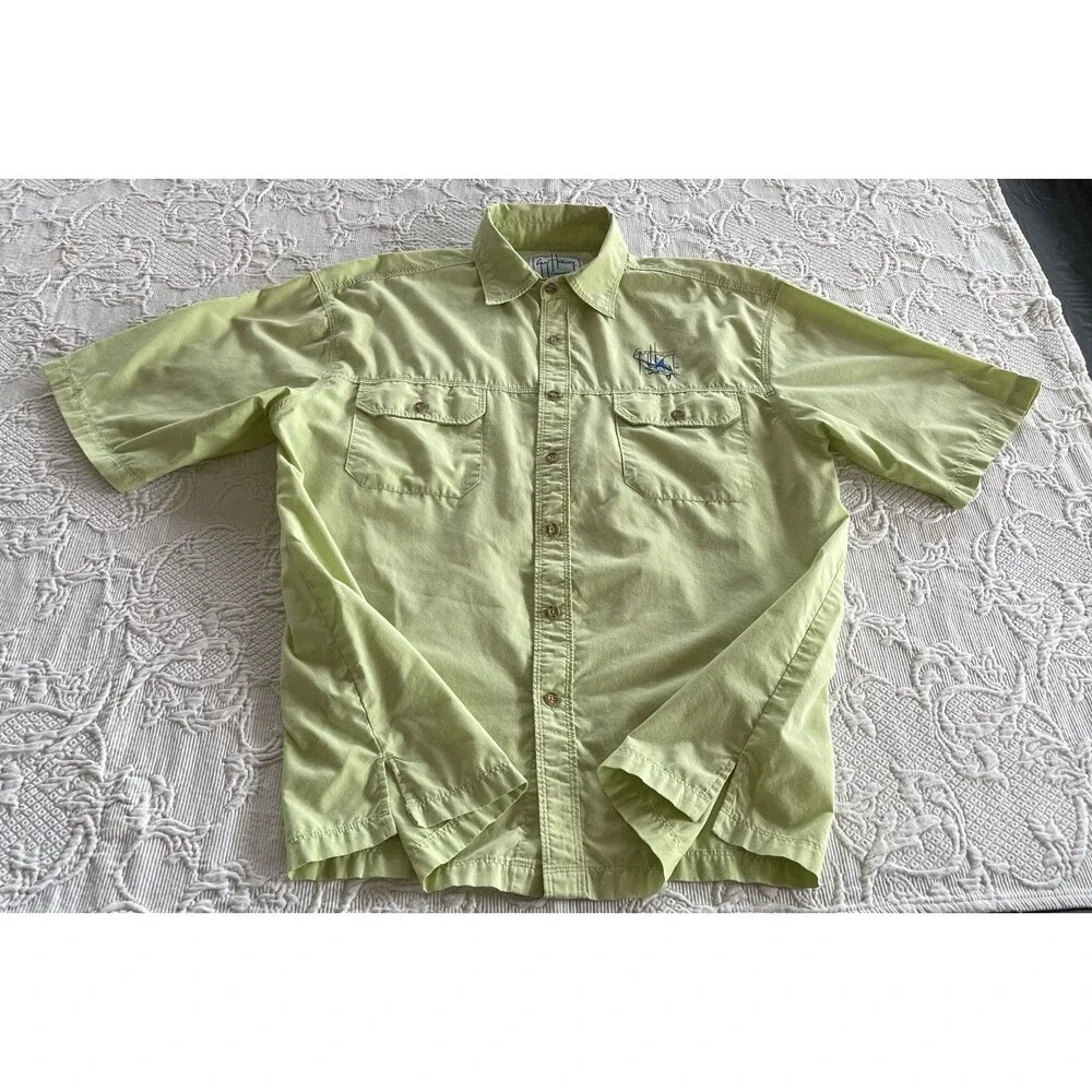 Guy Harvey AFTCO Vented Fishing Shirt Logo S/S Embroidered Green Mens Sz Medium - Picture 6 of 14